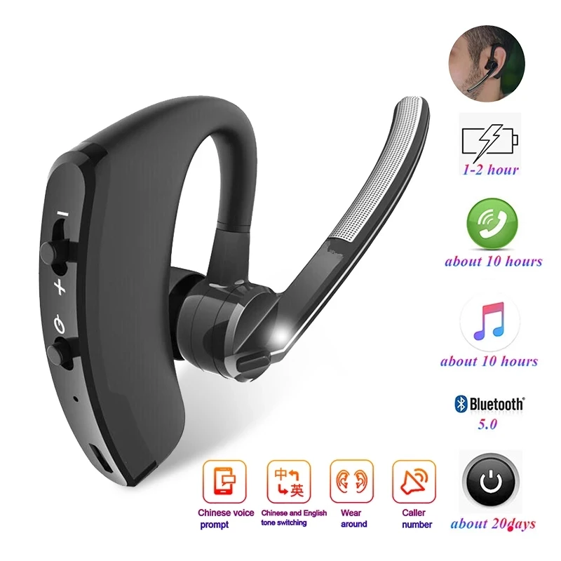 V8 Business Bluetooth Headset HD Call 3D Stereo Bass Handsfree Sport Wireless Headphones - Earphone