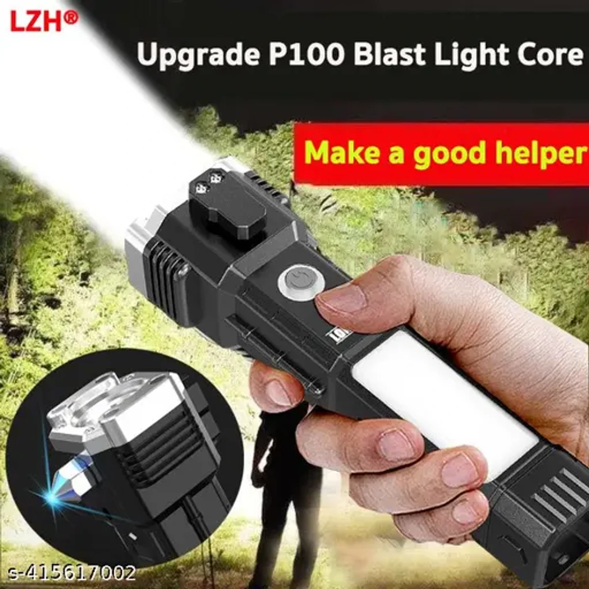 Super Bright LED Flashlight with Safety Hammer Side Light Torch Flashlight Portable Outdoor Adventure Lighting USB Charging